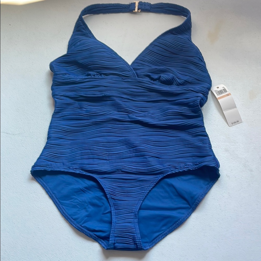 Anne Cole Elegant Blue Bathing Suit with Plunging V-Neck and Ruching